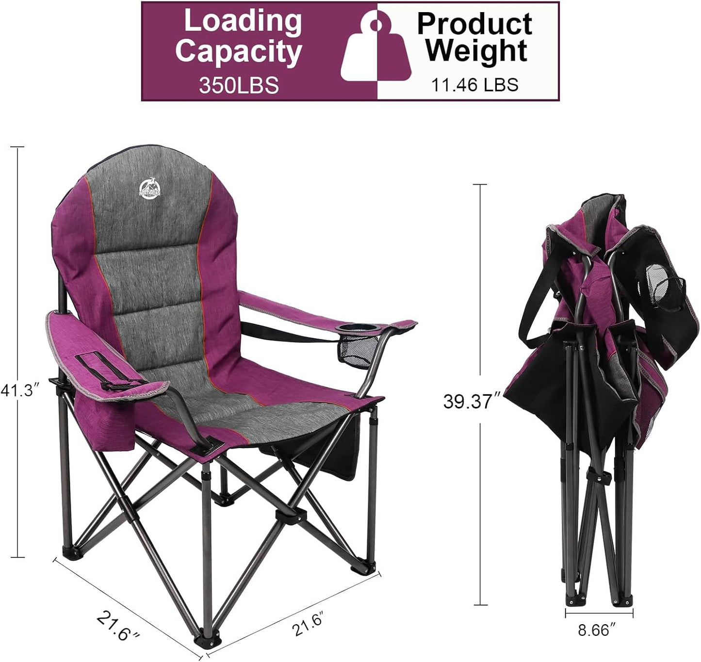 Northroad Oversized Portable Camping Chair - Heavy Duty Folding Chair with Cup Holder & Cooler Bag (Purple)