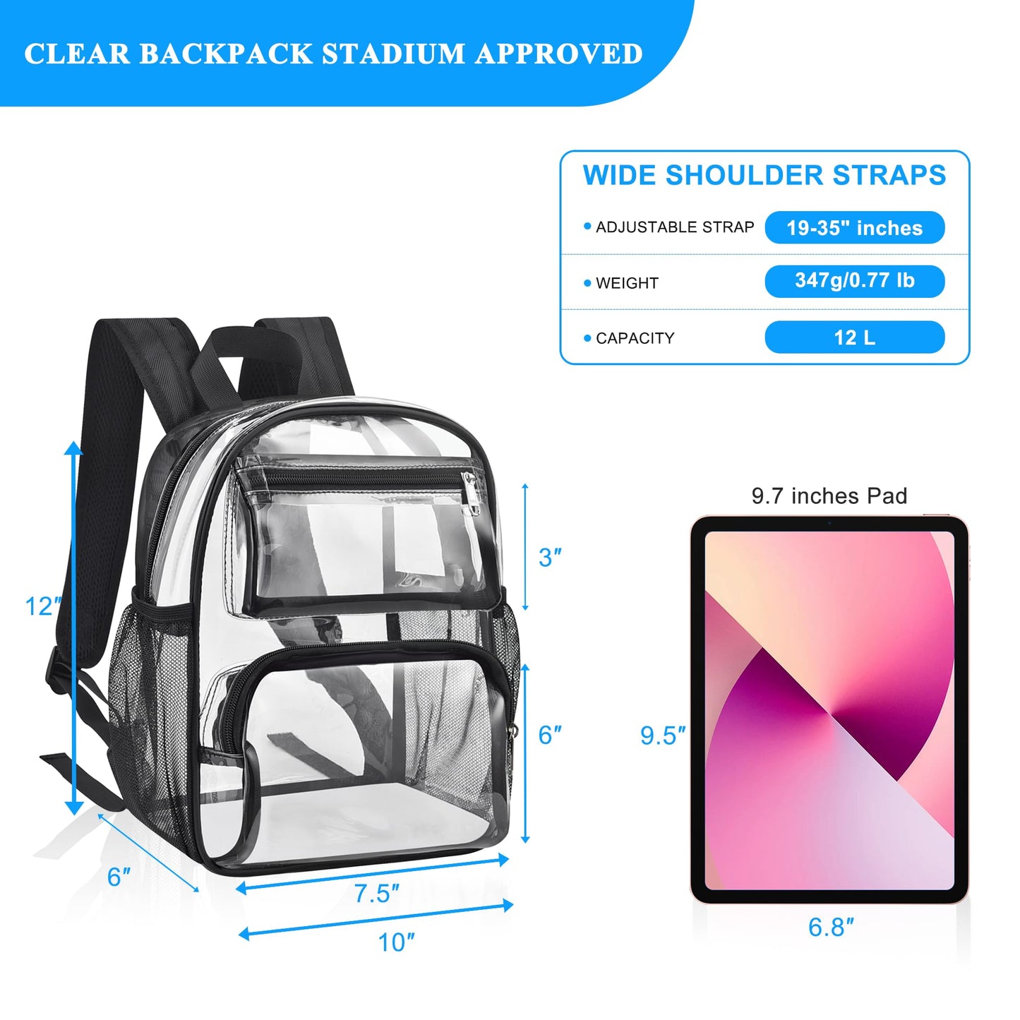 Bagenius Clear Backpack Stadium Approved 12x6x10, Black