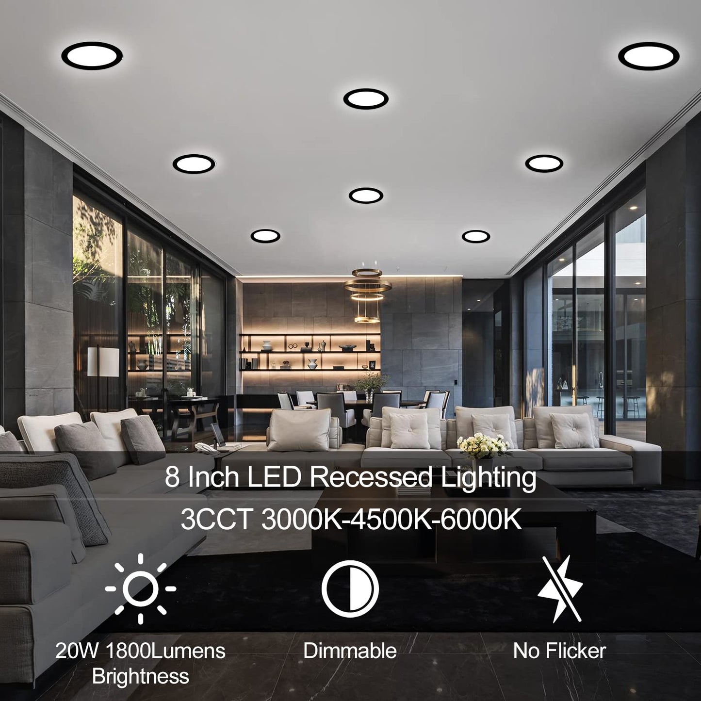 LZHOME 6 Pack 8 Inch LED Recessed Lighting with Junction Box Ultra-Thin, 3000K/4500K/6000K Selectable, 8" Dimmable Canless LED Downlight, 1800LM CRI80 High Brightness 5%-100% Recessed Light (Black)