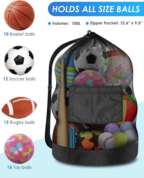 BROTOU Heavy Duty Soccer Ball Net Bag - Extra Large 100L Capacity for 10-12 Balls | Drawstring with Zipper Pocket
