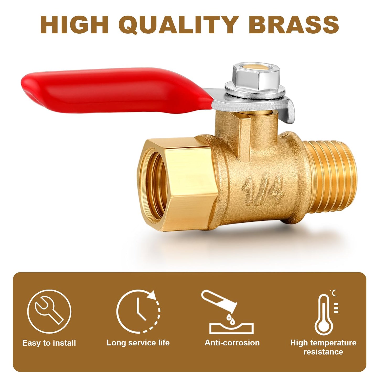 YELUN 1/4 Inch Valve Npt Air Compressor Brass Heavy Duty Valve Male and Female Shut off Switch 1/4 NPT Thread Pipe Fitting (Male x Female 3PCS)