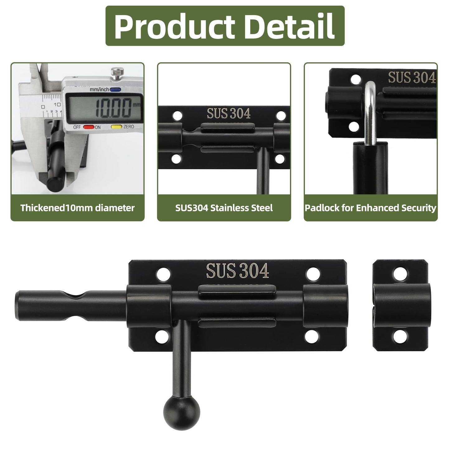 Alise 4 Inch SUS304 Stainless Steel Gate Latch, Slide Bolt Latch,Thickened Heavy Door Latch Lock, Black Barrel Bolt Latch, Security Slide Latch Lock MCX7004-B