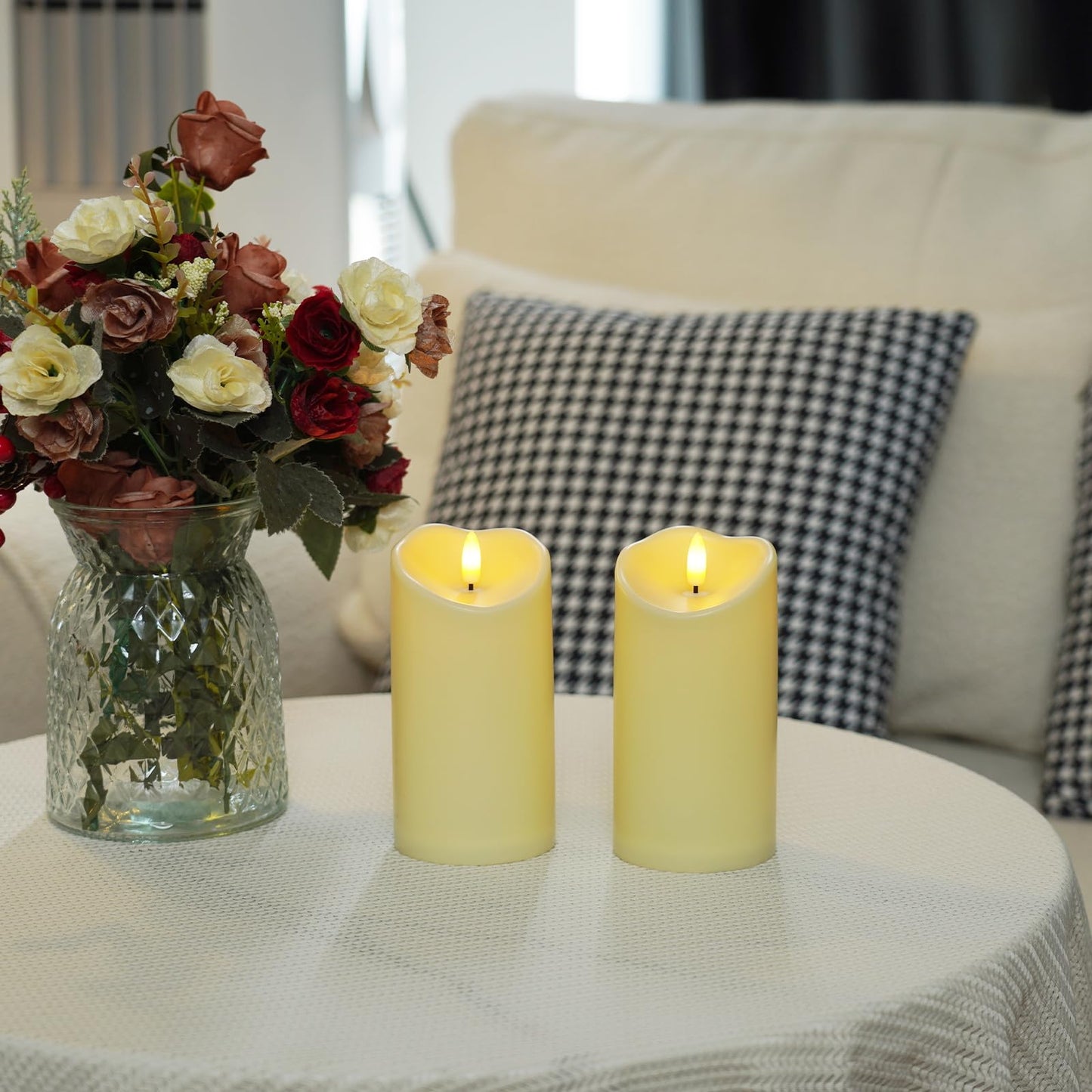 Raycare 6"x3" Outdoor Waterproof Flameless Candles, Battery Operated LED Candles with Remote Control and Timer, Electric Fake Plastic Pillar Candles, Dark Ivory, Set of 2