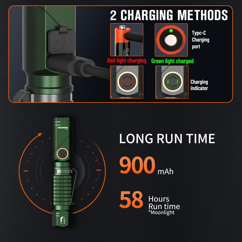 NICRON L74 Rechargeable Flashlight, 1000 Lumen High Brightness with 90° Rotatable Head, Magnetic Tail and 2-Way Clip, IP65 Waterproof, Compatible with Rechargeable Batteries and AA Battery