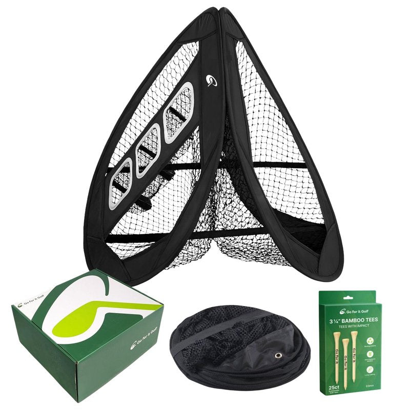 Go For it Golf Kit - Golf Training Accessories for Indoor, Outdoor, or Backyard Practice - Includes a Collapsible, Pop Up Chipping Net and 25ct of 3.25" High Strength Wooden Golf Tees