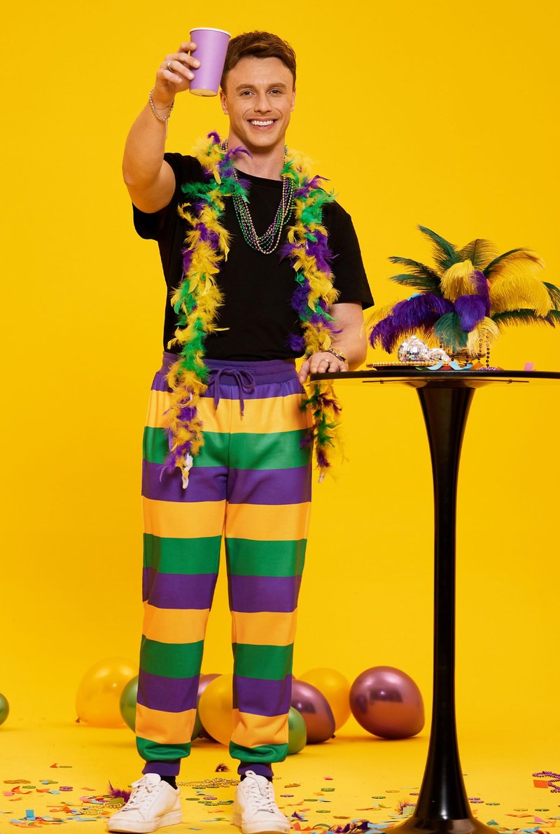 Arvilhill Men Mardi Gras Pants Funny Parade Purple Gold Green Party Sweatpants Fat Tuesday Casual Drawstring Joggers Striped XL
