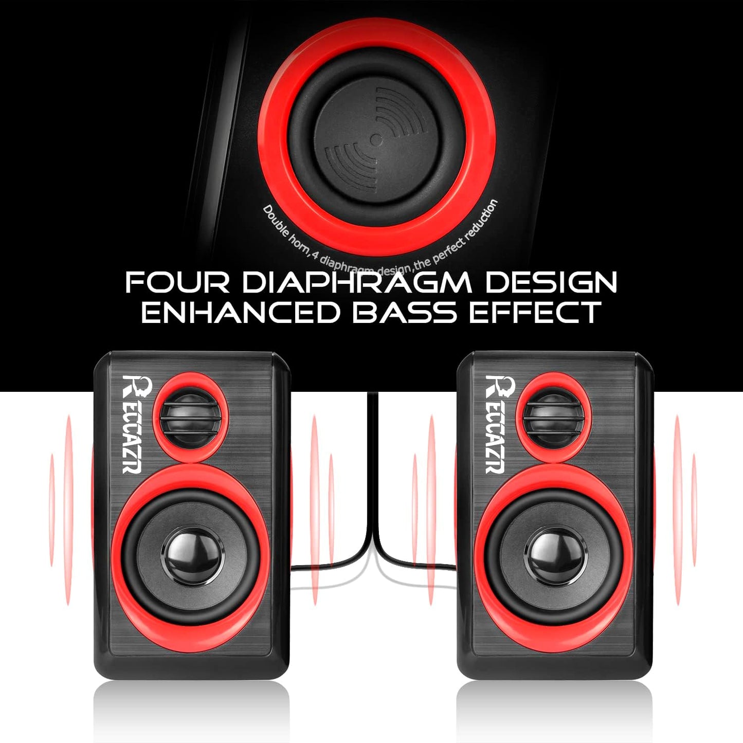 Reccazr SP2040 | 2.0 CH Computer Speakers with Surround Sound & Deep Bass - USB Wired, Red
