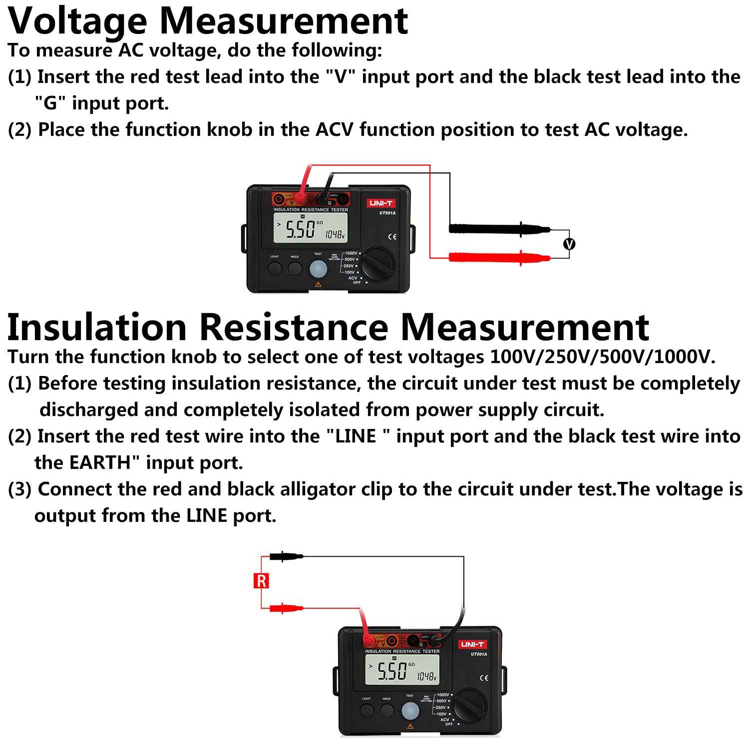 Megohmmeter, UNI-T Insulation Tester 1000v, Will Accurately Measure Insulation Values up to 1000 Megohms at 750 Volts, Electrical Tester 0-5G Ohm Meter, 2000 Counts LCD Display with Backlight UT501A
