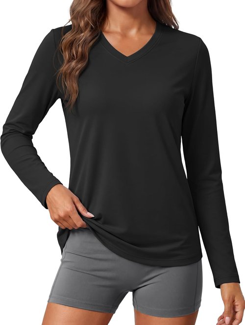 MAGCOMSEN SPF Long Sleeve Workout Shirt - V-Neck UPF 50+ Quick Dry Performance Tee for Women
