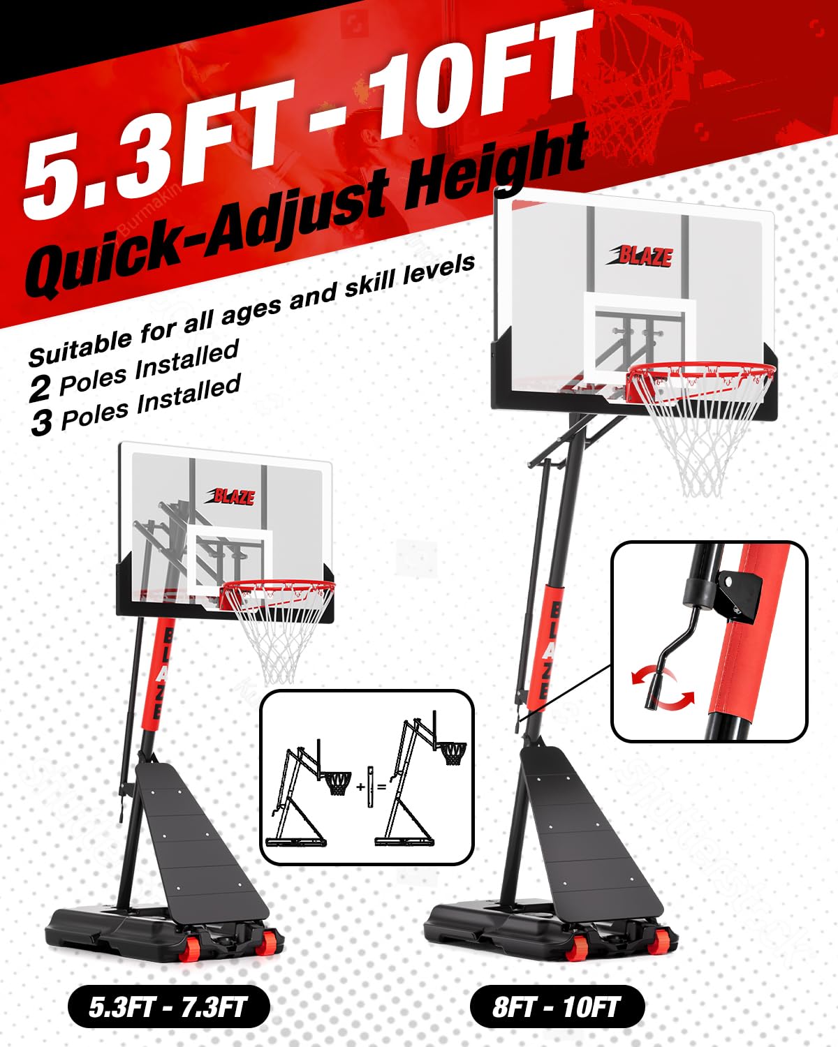 Basketball Hoop Outdoor Height Adjustable 5.3-10 FT, Portable Basketball Goal with 45 Inch Shatterproof Backboard for Teens Adults, Backyard Driveway Use