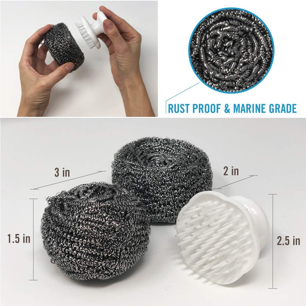 Regine Stainless Steel Scrubber Set - Heavy Duty Marine Grade Steel Wool Pads with Brush Handle for Kitchen & Outdoor Cleaning
