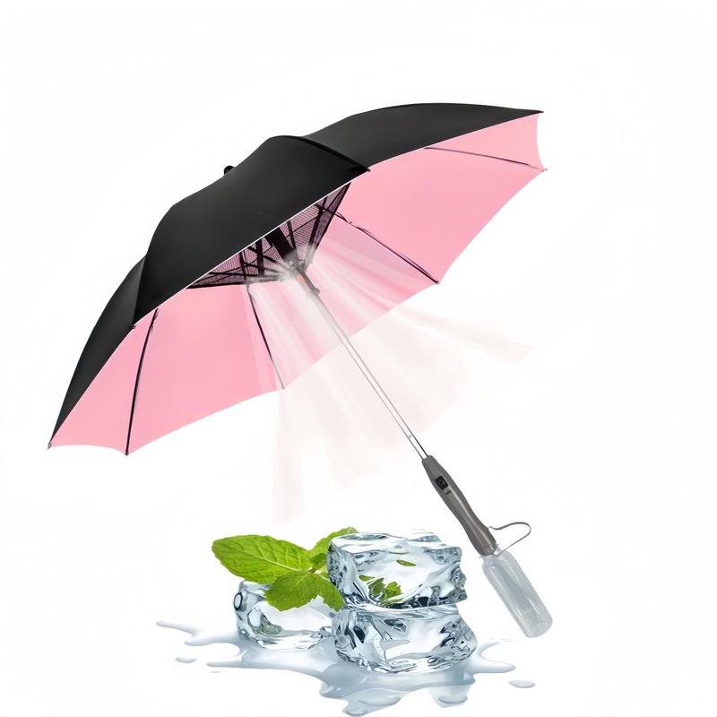 Umbrella with Fan & Mist Spray - Rechargeable UV Protective Cooling Umbrella for Patio, Beach, Travel | Portable Misting System & Detachable Water Bottle Included (Pink)