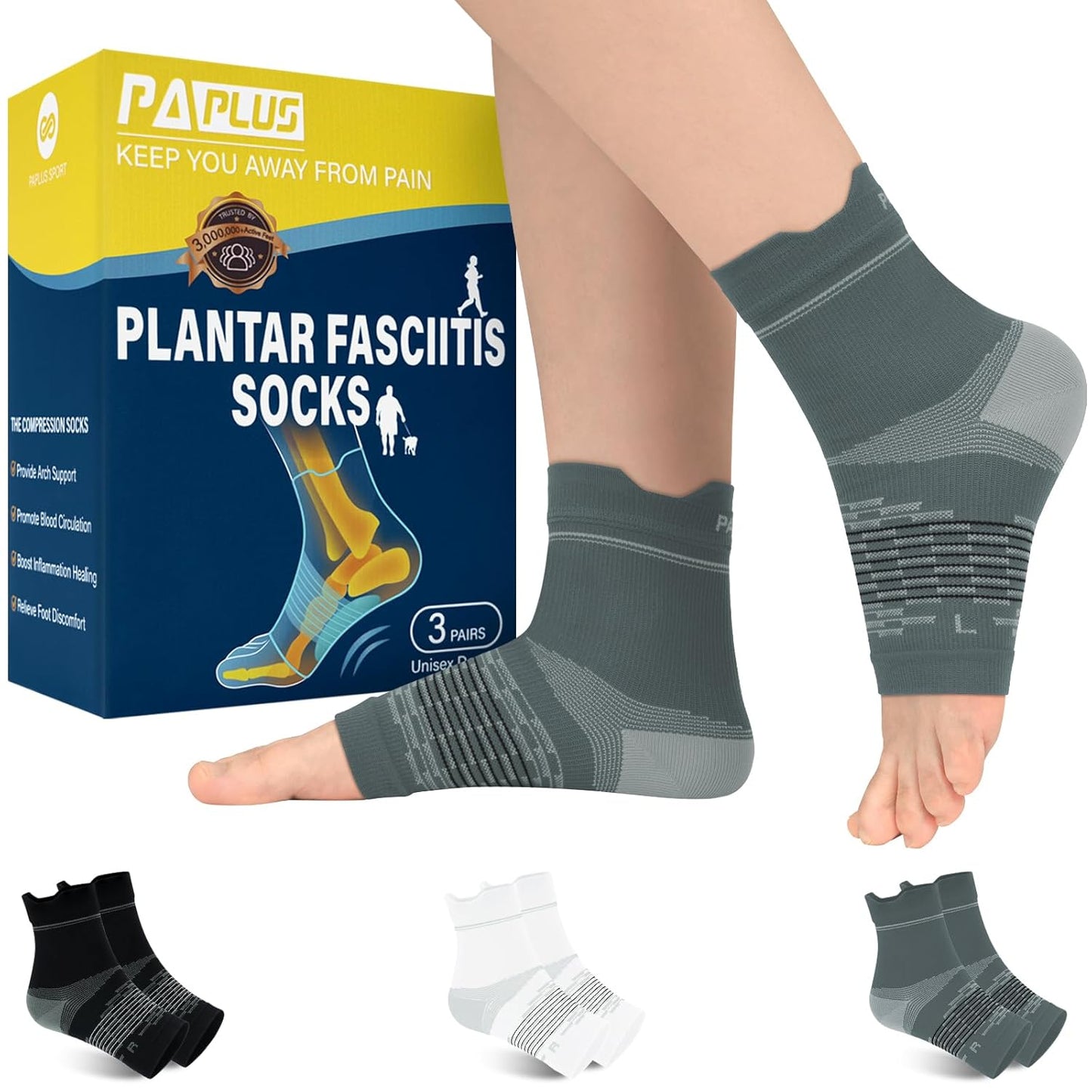 PAPLUS Ankle Compression Socks for Plantar Fasciitis Relief - 3 Pairs for Men & Women | Arch & Heel Support