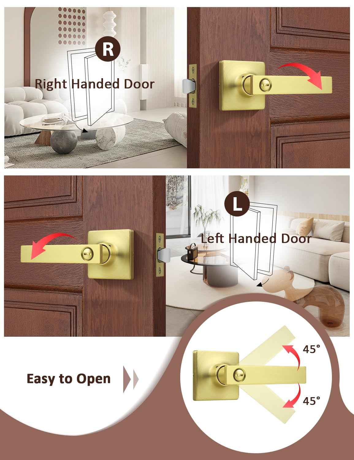 Mengico 6 Pack Gold Privacy Lever Door Handle Interior with Lock, Heavy Duty Square Door Lock for Bed/Bath, Keyless Door Locksets, Reversible for Left Right Handed Doors