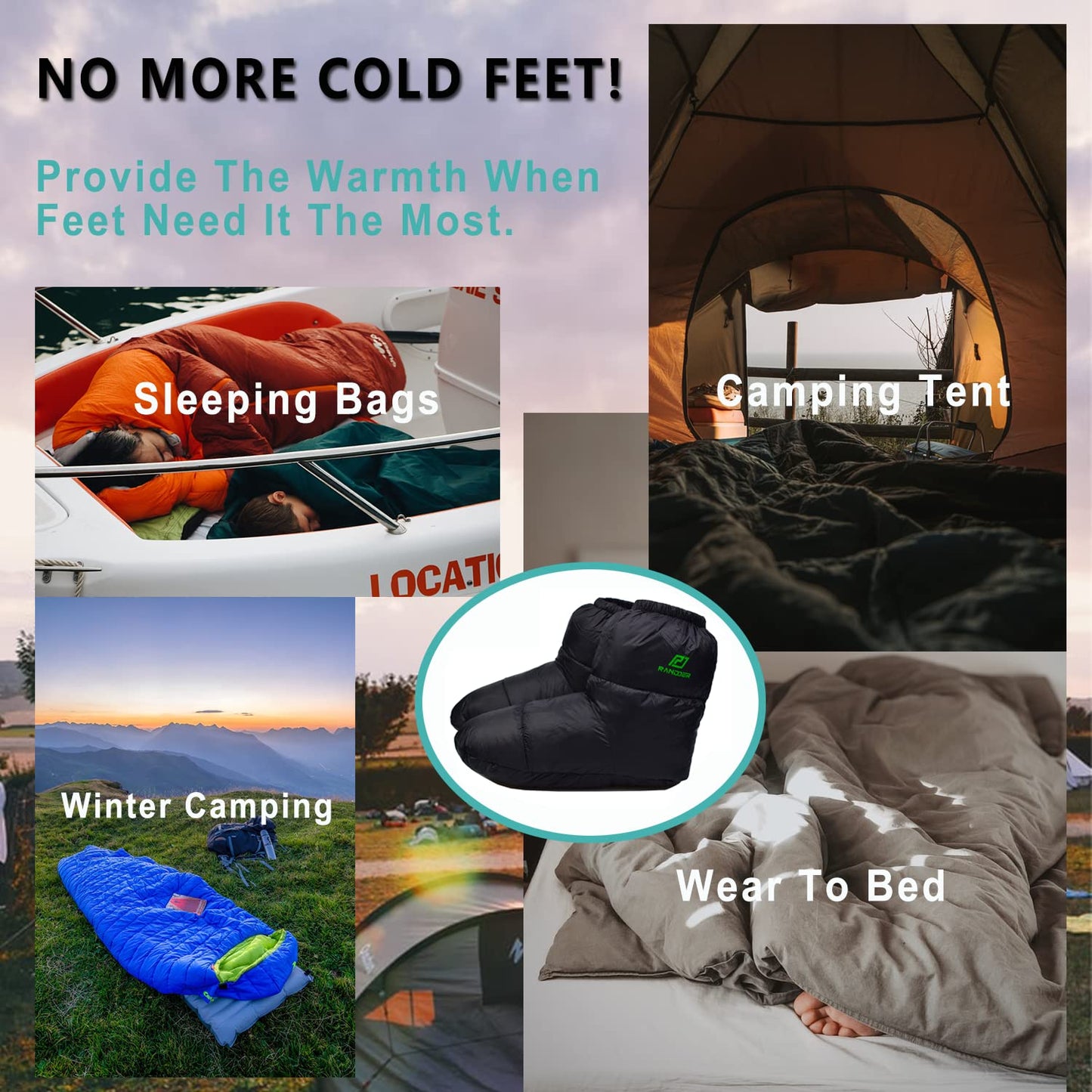 RANDDER Down Booties Warm Socks for Men & Women - Ultralight Sleeping Sock for Camp, Backpacking - Soft & Cozy Camping Sleeping Bag Tent Down Slippers Foot Warmer (Black, Small)