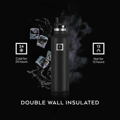 IRON °FLASK Camping & Hiking Hydration Flask with Straw, Narrow Mouth Insulated Stainless Steel Sports Water Bottle - Day & Night 24 oz - Straw (1 Lid)