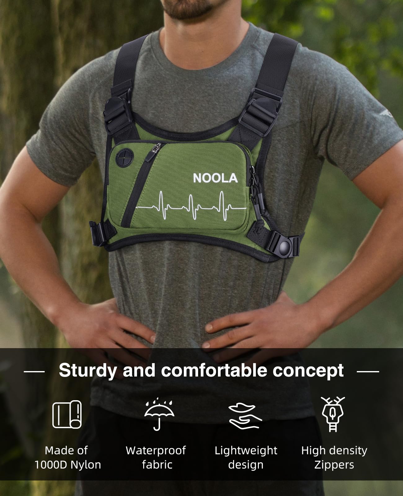 NOOLA Running Chest Pack, Running Vest for Men Women with Reflective Back, Lightweight Sport Chest Bag for Runners, Cycling, Biking, EDC Pouch, Phone Holder Carrier for Jogging, Green