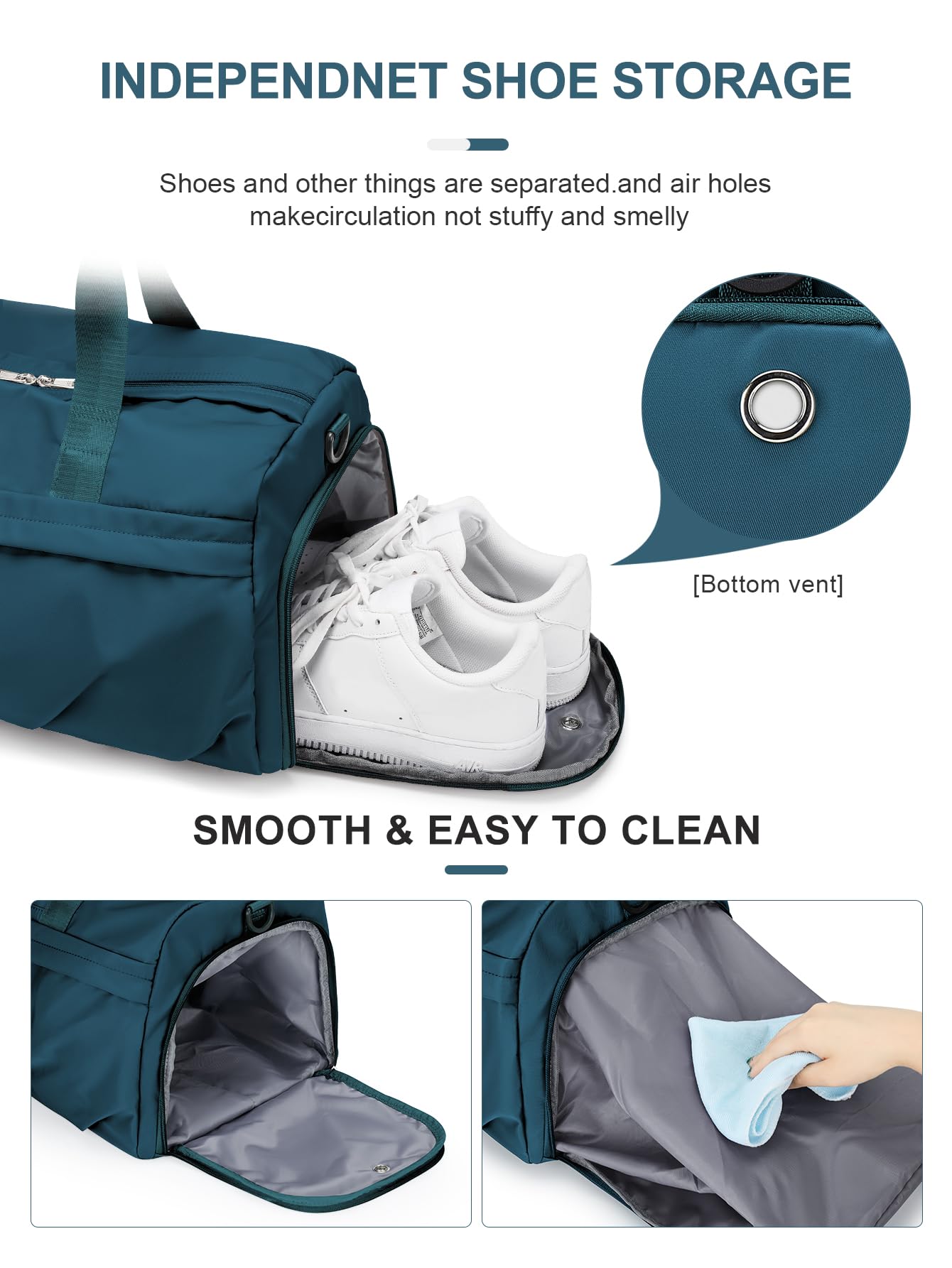Gym Bag for Women Men with Shoe Compartment, Sport Duffel Bag, Waterproof Travel Weekender Overnight Carry on Bag for Yoga with Trolley Sleeve, Peacock Blue