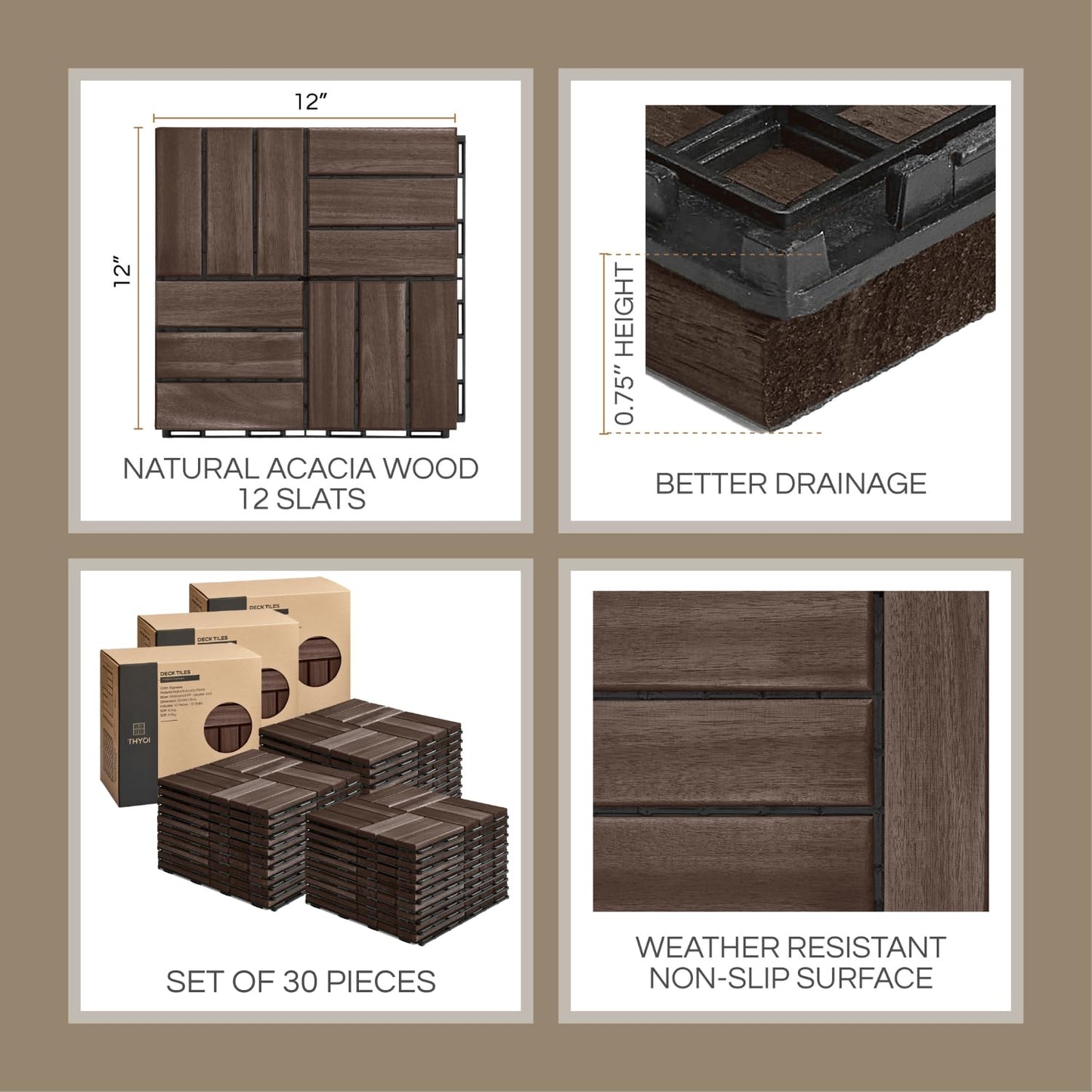 Outdoor Waterproof Acacia Wood Deck Tiles - 10 Pcs Patio Flooring for All Weather Use