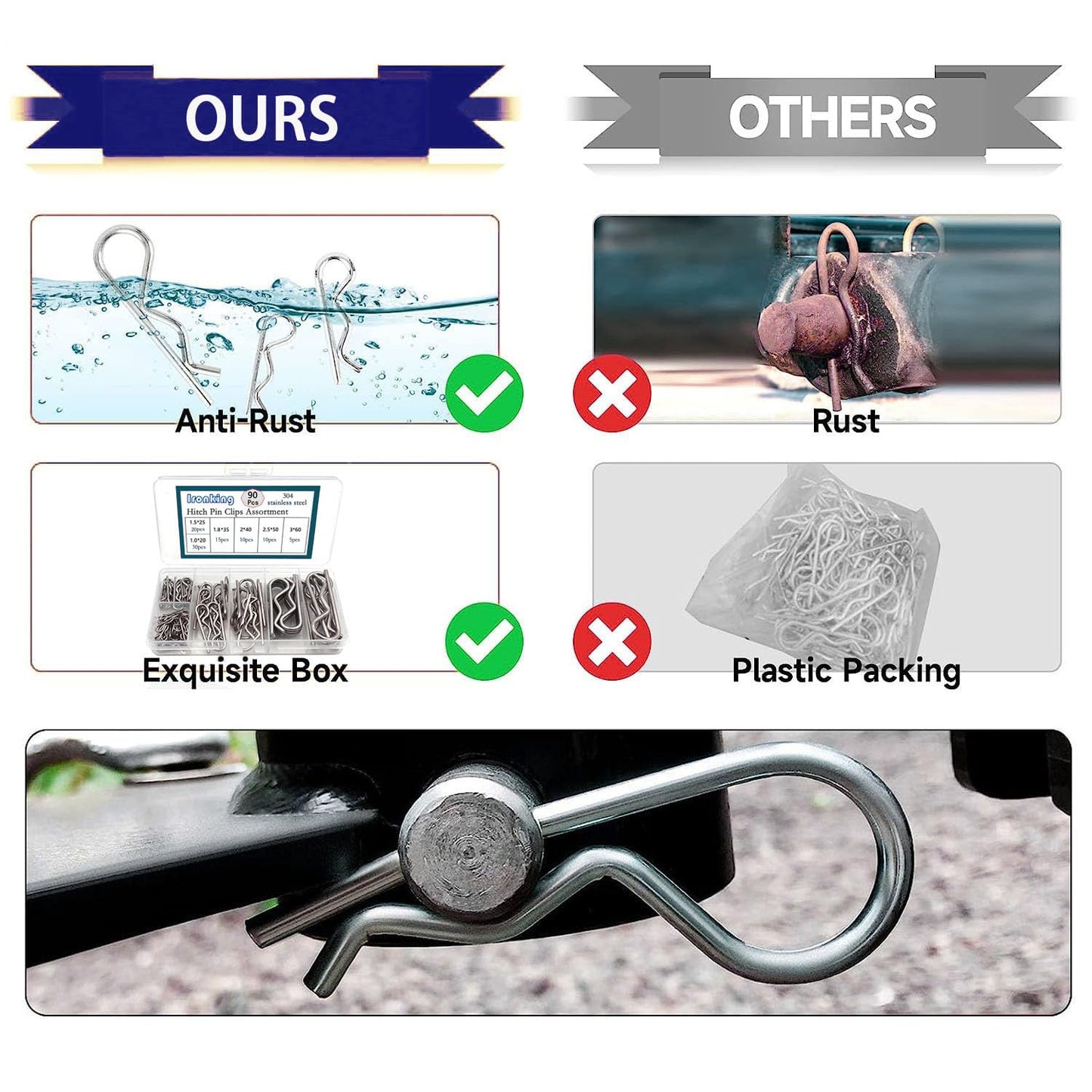 Ironking 90 Pcs 6 Sizes Stainless Steel Hitch Pin Clip R Clips Retaining Pins Tractor Cotter Pin Hair Pin Assortment Spring Clip Retainer Pins Kit for Hitch Pin Lock System, Trucks, Engine Repair