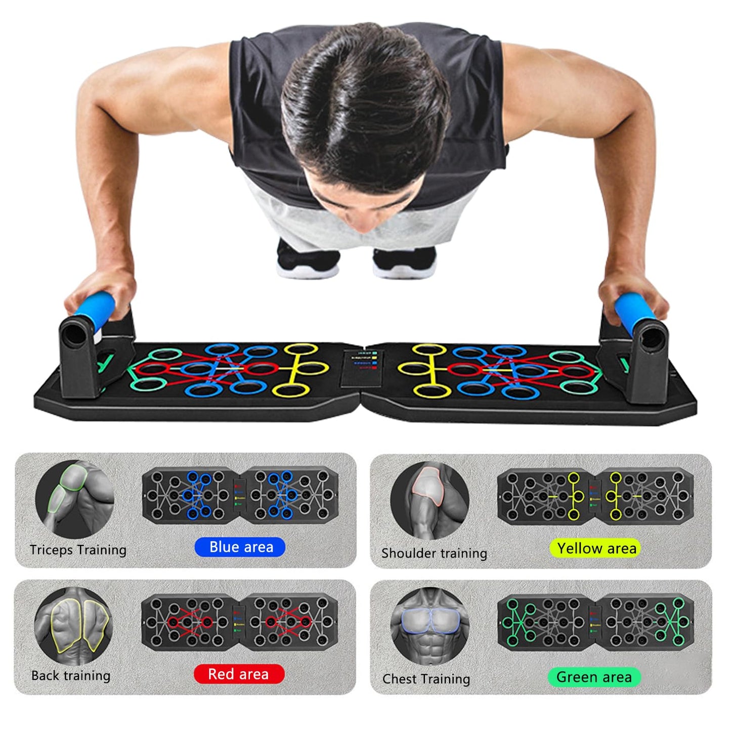 Push Up Board Fitness, BESUNTEK Foldable Multi-Function Exercise Board with Elastic Cord for Total Body Workouts, Portable Push Up Board for Floor