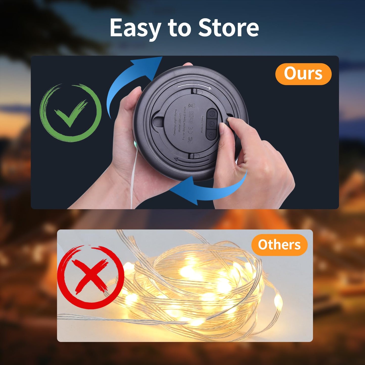 Camping String Lights 32.8FT, 2 in 1 Outdoor Camping Lantern with 14 Lighting Modes, 30s Recovery, IP44 Waterproof, 4000mAh Battery, Portable Camping Lights for Camping, Yard, Festival Decor