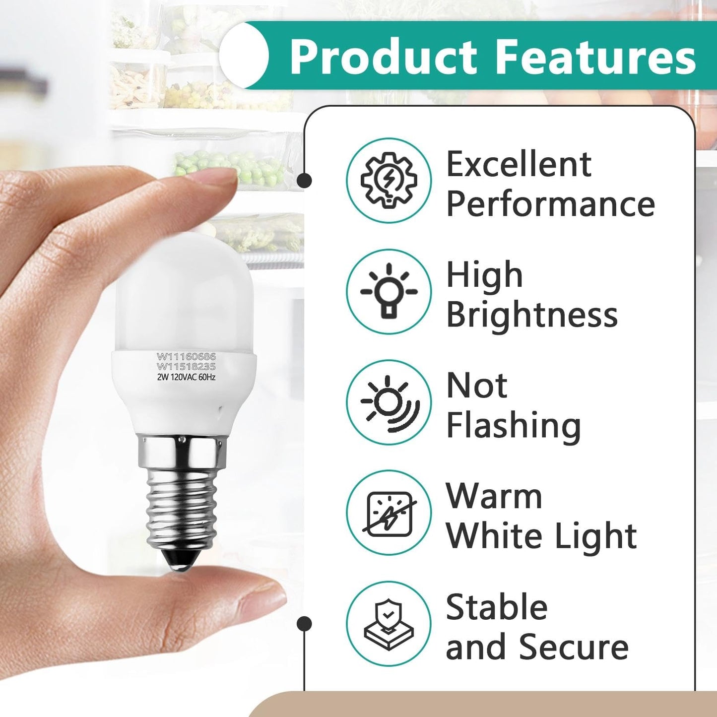 Gfdoso 2Pcs W11518235 Freezer Refrigerator Light Bulb - W11160686 Lamp Light Bulb Compatible with Kenmore Whirlpool Freezer Bulb 120V 2W Replaces W10473925 W10574850 PS16555179 W10865839