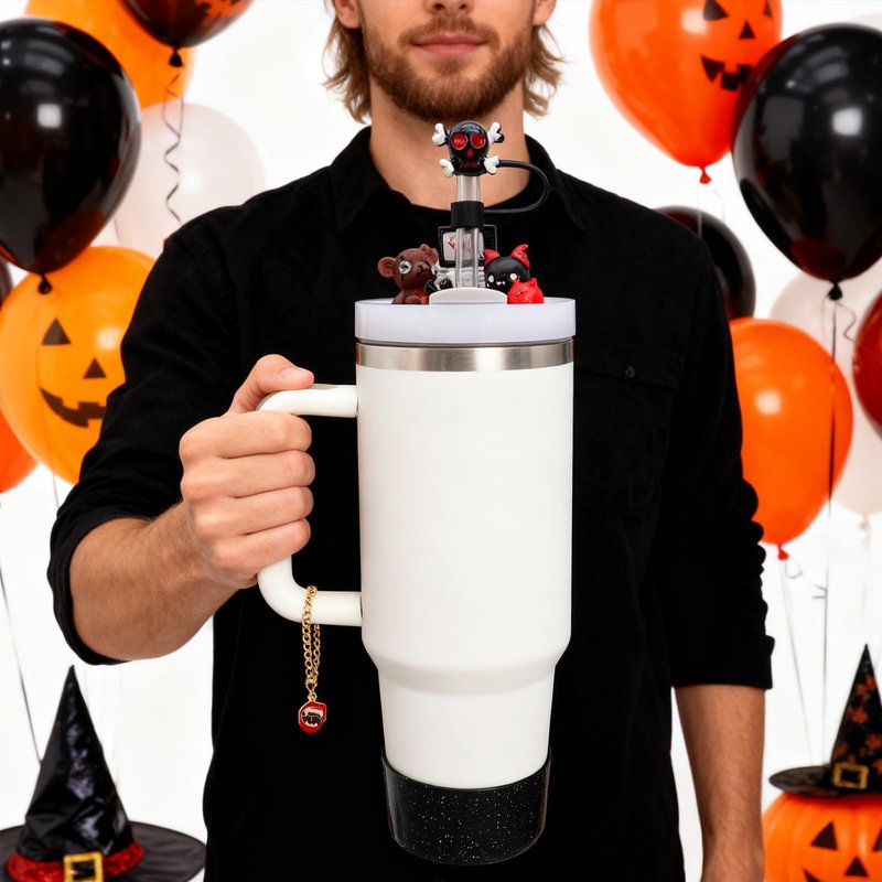 Cup Lid Topper Decoration for Stanley 40 oz，Halloween Stanley Cup Lid Accessories，Including Silicone Boot, Cute Straw Topper Cover Cap, Lid Charms，Cup Chain（G）