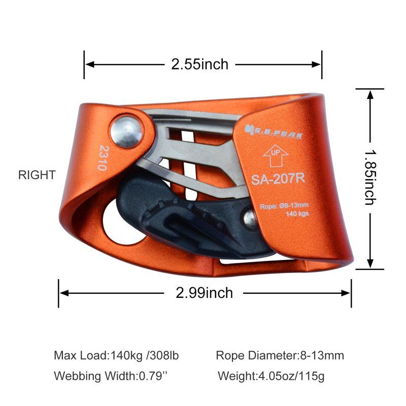 S.E.PEAK Foot Ascender Upgraded Foot Riser 140kgs Strong Rappelling Gear Equipment for Rock Climbing Tree Arborist, Climbing Rescue Caving, Mountaineering, 8~13MM Rope, Right Foot, 4kN, Orange