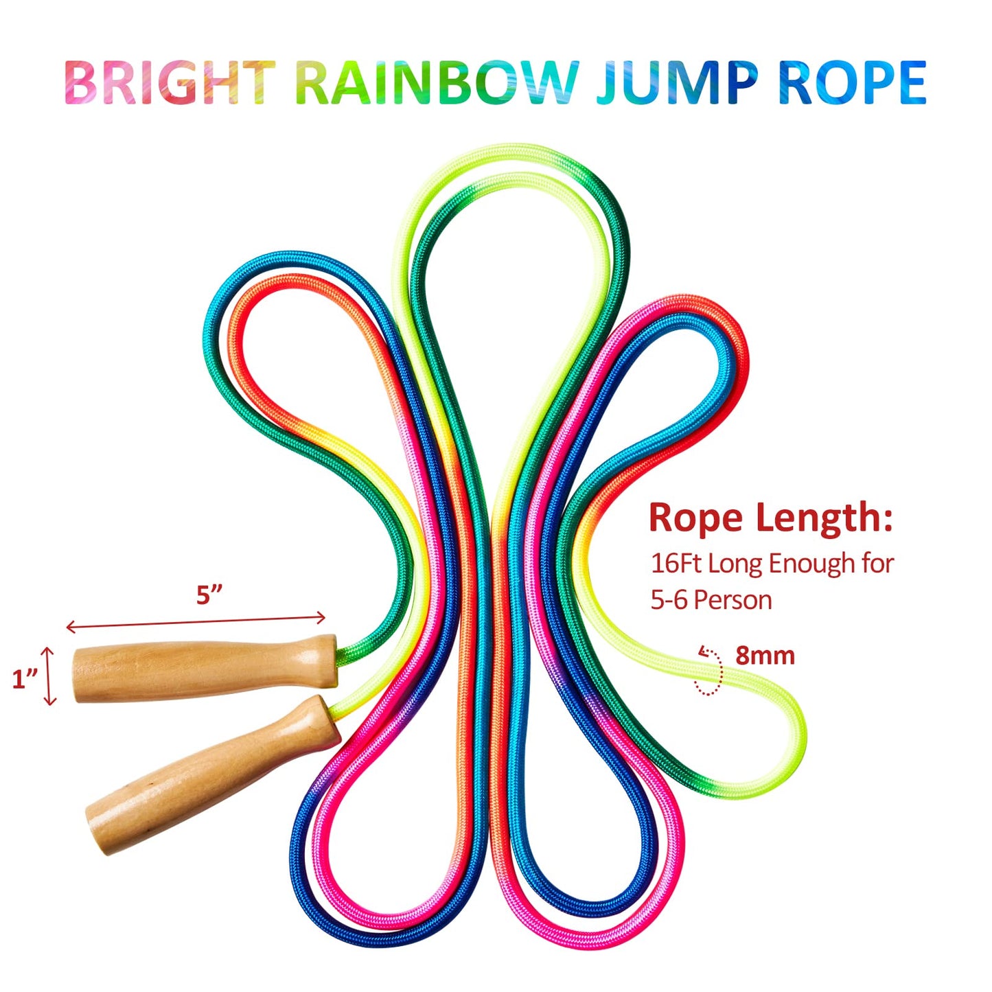 Fanhostco Double Dutch Long Jump rope - 16Ft 2 Pack Skipping Rope for Kids Adults, Rainbow Jumping Rope for Multiplayer with Wooden Handle
