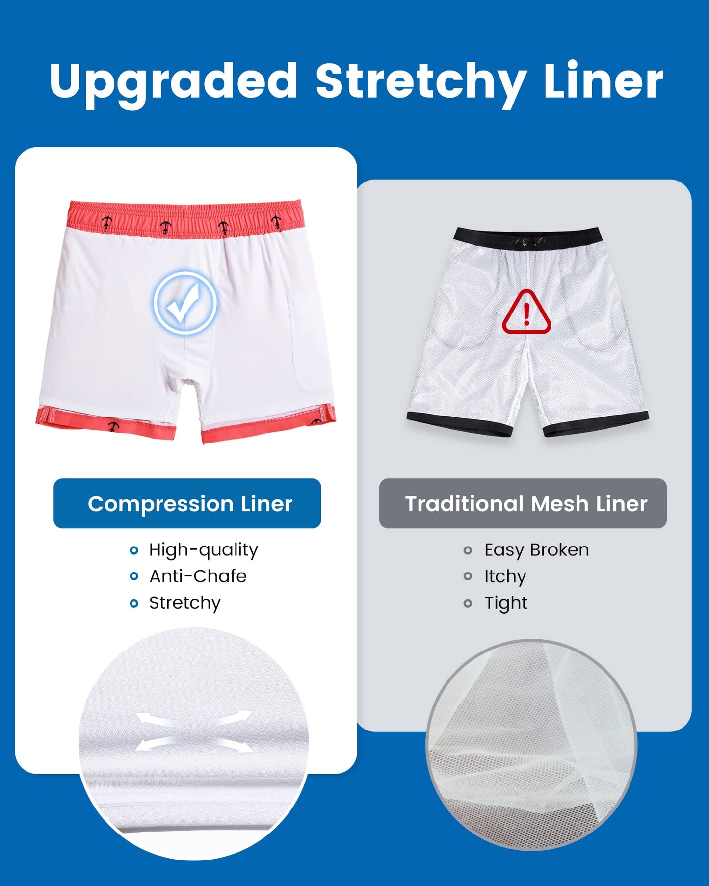 maamgic Mens Swim Trunks with Compression Liner 5 Inch, Quick Dry Bathing Suit with Zipper Pockets, Stretch No-Chafing Swim Shorts, Pink-Anchor Large