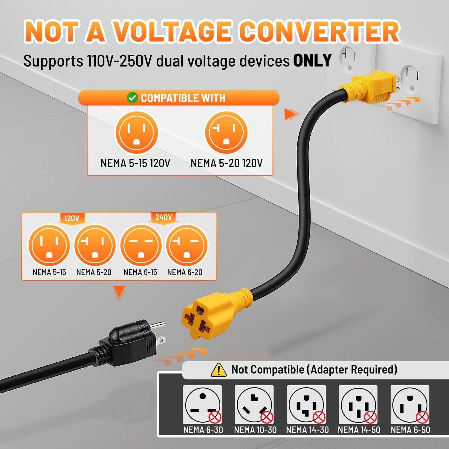 MECMO 12 inch 15 Amp Household to 20 Amp AC Power Adapter Cable 12AWG, [4 in 1] NEMA 5-15P to 5-15R, 5-20R, 6-15R, 6-20R T Blade Adaptor, 15A 125V to 20A 250V, 15Amp 125V to 20Amp 250V Extension Cord