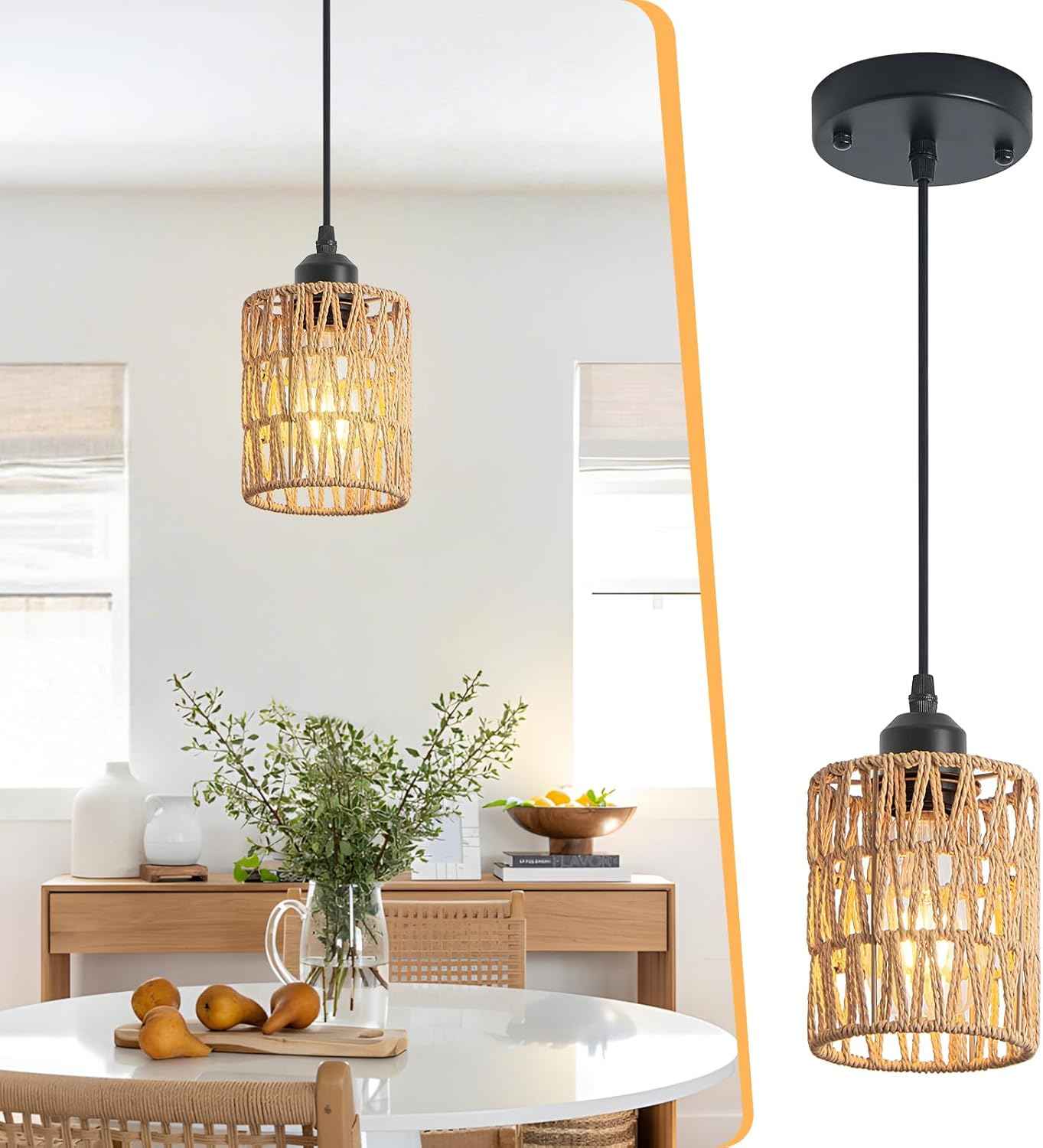 Rattan Chandelier Pendant Lights - 3 Pack Adjustable Height Boho Farmhouse Ceiling Fixtures for Kitchen & Dining Room