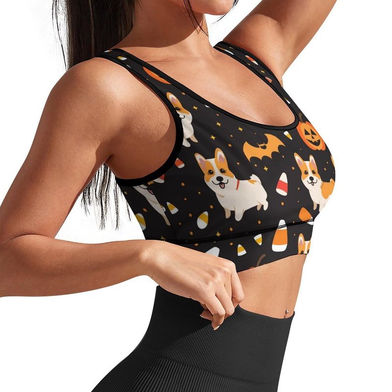 AuHomea Halloween Pumpkins Cute Corgi Womens Sports Bra Padded Workout Slimming Tank Tops for Women with Built in Bra U Neck Fitness XL Size Running Yoga Top