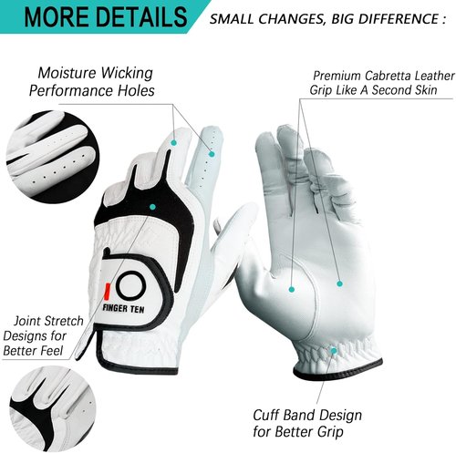 FINGER TEN Premium Golf Gloves - Cabretta Leather, All-Weather Grip, Comfortable Fit | Sizes S-XL