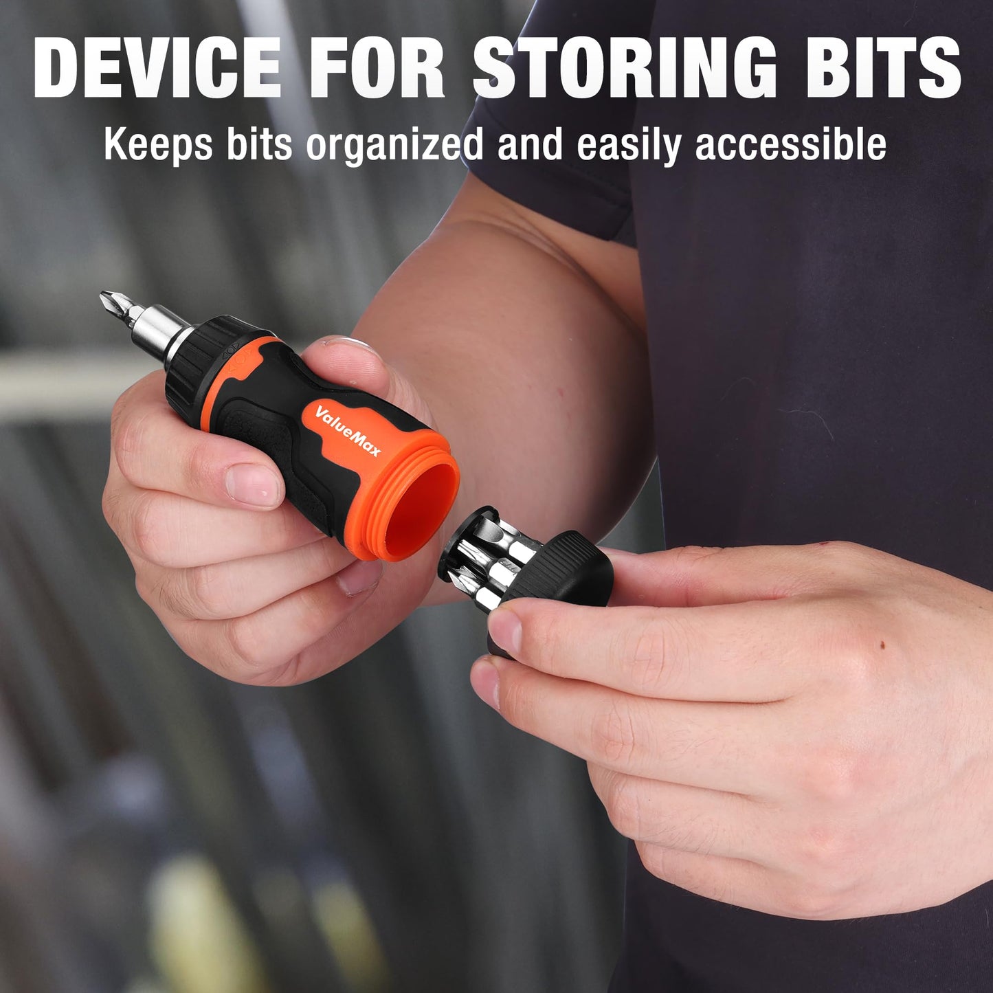 ValueMax 8-in-1 Stubby Ratcheting Screwdriver, Multi-bit Screwdriver, Quick-load Mechanism, Adjustable Magnetic Tool with Phillips, Slotted, Torx Screw Driver Bits and 1/4" Nut Driver