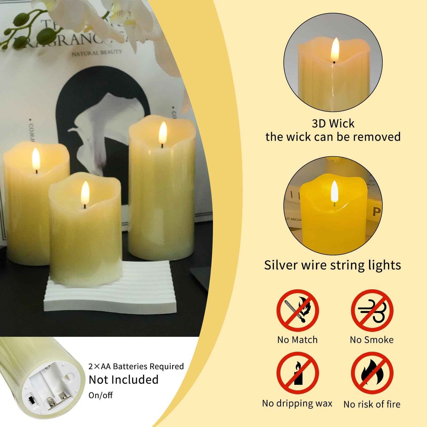Homwamee Flameless Candles with Remote - Realistic 3D Flickering LED Candles, Timer & 3 Sizes (4”/5”/6”), Battery Operated Safe Real Wax Candles for Home/Wedding/Party Decor, Set of 3