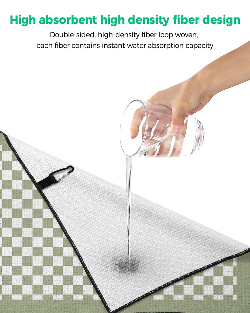 Savannan Golf Towels, Checkerboard Sage Green Checkered Spring Durable Microfiber Waffle Materials Absorbent Golf Accessories with Handy Clip for Women, Men, 24x16 Inch
