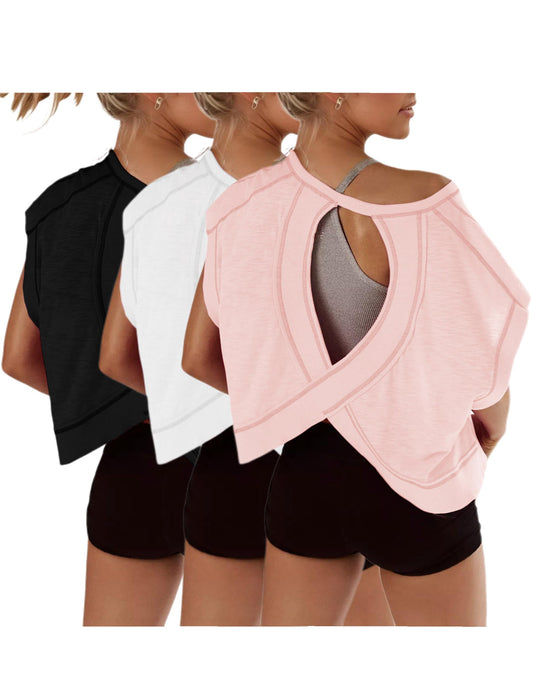 Womens 3 Pack Open Back Tops Casual Short Sleeve Workout Shirts Y2k Crop Athletic Tops Gym Yoga Running Tees(Black&White&Pink,S)