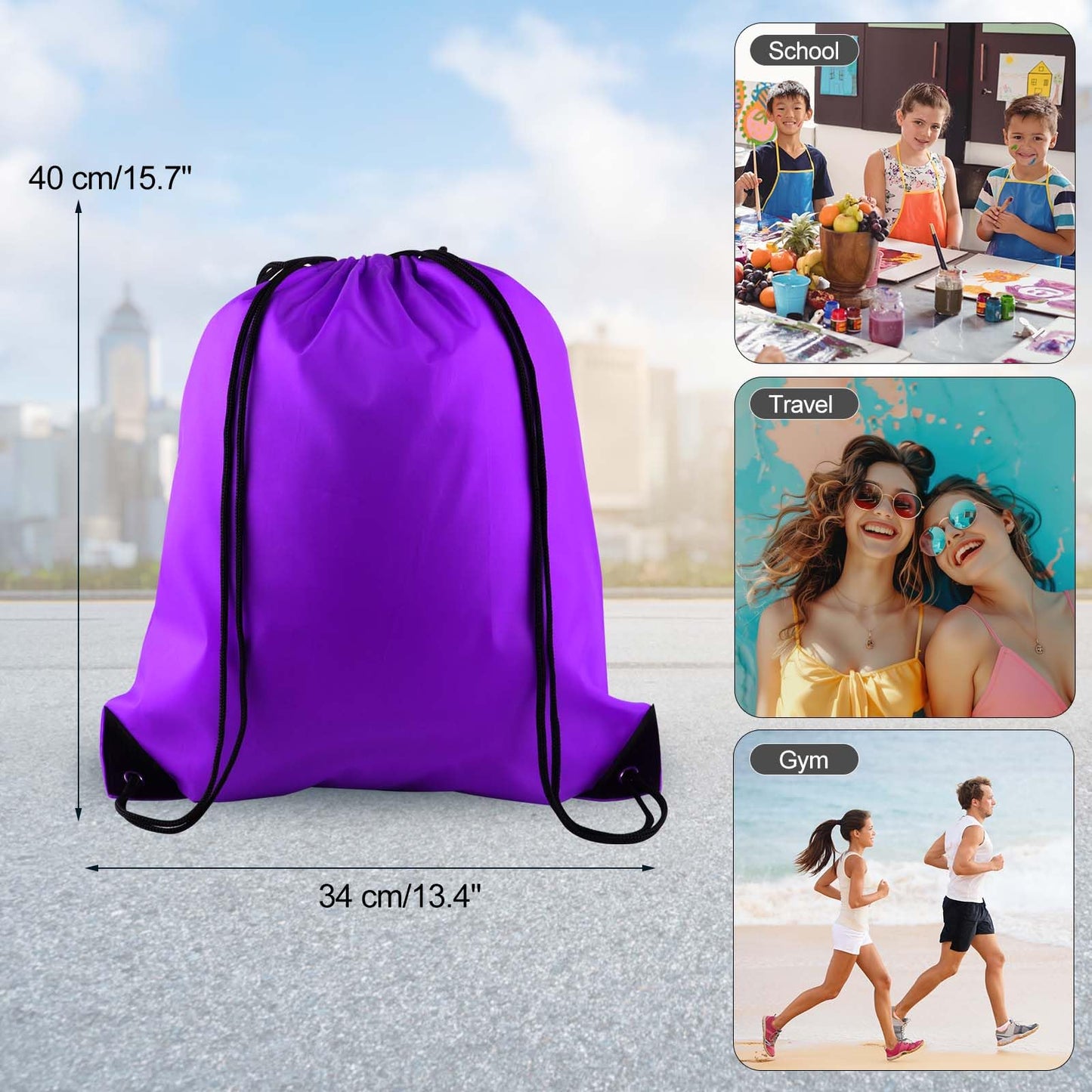PLULON 2Pcs Drawstring Bags Bulk, Drawstring Backpack Black Purple String Backpack Cinch Sack Sport Gym Backpack Bags for Yoga Traveling Outdoor Sports