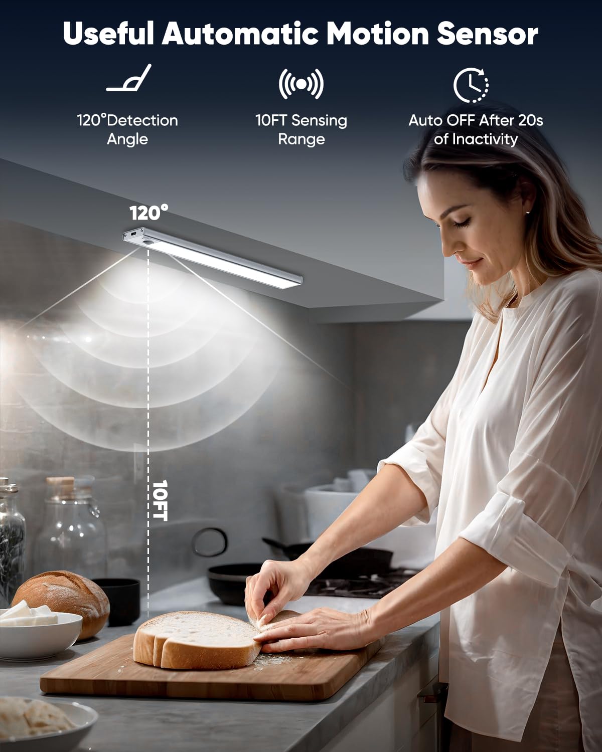 Under Cabinet Lighting, 10 Inch LED Battery Operated Rechargeable Motion Sensor Lights Indoor, 2200mAh Magnetic Wireless Closet Light, 6500K Dimmable Under Counter Lights for Kitchen, Stair, 3 Packs