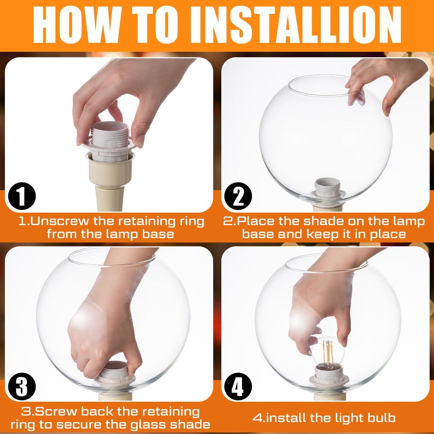 Glooglitter 4 Pack Fixture Replacement Globe Shade 8 Inch Diameter E26 Base 1-5/8 Inch Fitter Round Glass Globe Lampshade Cover for Pendant Wall Sconce Chandelier Vanity Light (Clear)