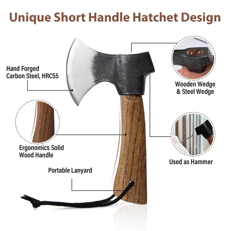 Small Camping Axe with Leather Sheath, 8.46" Backpacking Hatchet with Wooden Handle, Splitting Axe for Jungle, Gardening, Hunting, Survival
