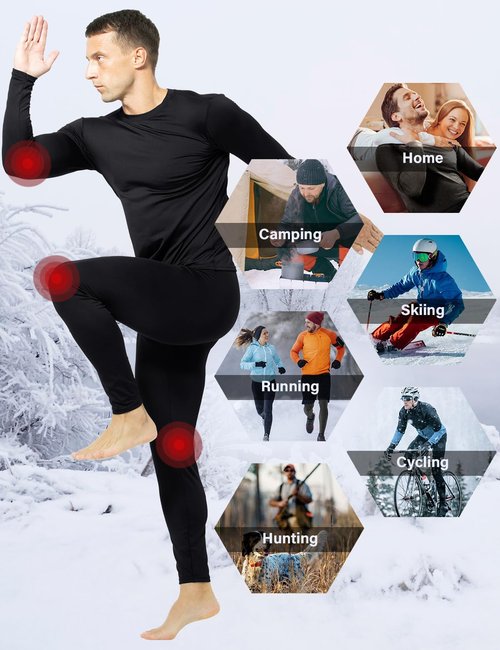 Arjen Kroos Thermal Underwear for Men, Fleece Lined Long Johns, Mens Thermals Top and Bottom Set, Base Layer Hunting Gear Winter Warm, Black, Large