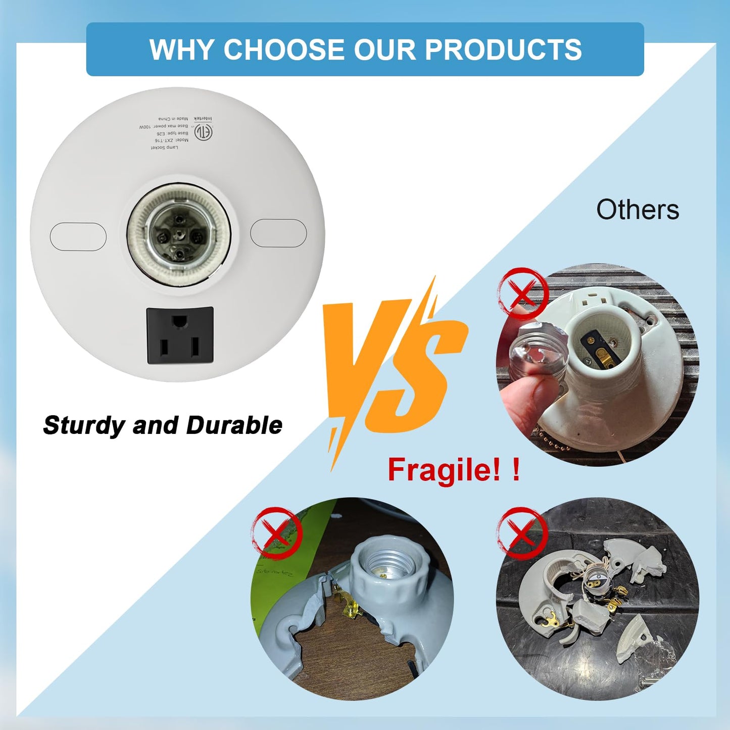 2-in-1 Light Socket Adapter with Outlet - E26/E27 Bulb to Power Outlet Converter,Grounded Plug, 3-Prong US Plug for Cameras, Projectors, Smart Devices