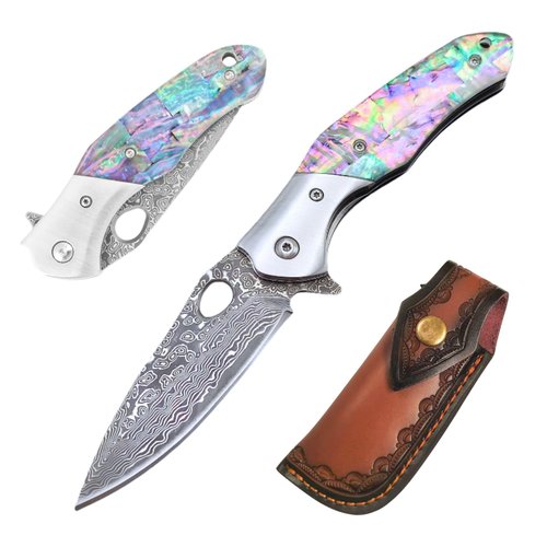 Outdoor Hiking folding knife, wood handle pocket folding knife,damascus hunting Folding Knife,Handmade Forged VG10 Damascus Steel Blade,Genuine Rainbow Handle,EDC Cool Knives for Mens Gift Home