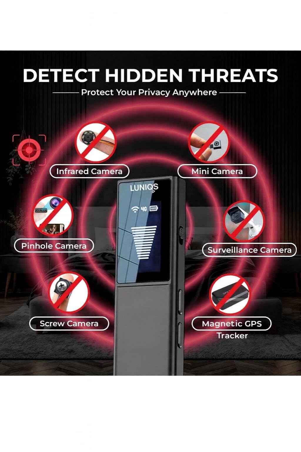 LUNİQS Hidden Camera Detectors -2025- Hidden Bug and Camera Detector & Spy Camera Finder, GPS Tracker Detector, RF Detector & Bug Detector (4 Mode – LCD Screen) for Travel, Home & Office Security