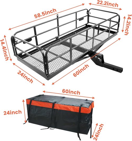 Hitch Cargo Carrier - 60"x24"x14.4" Folding Rear Luggage Rack | 510 lbs Capacity with Waterproof Bag & Straps