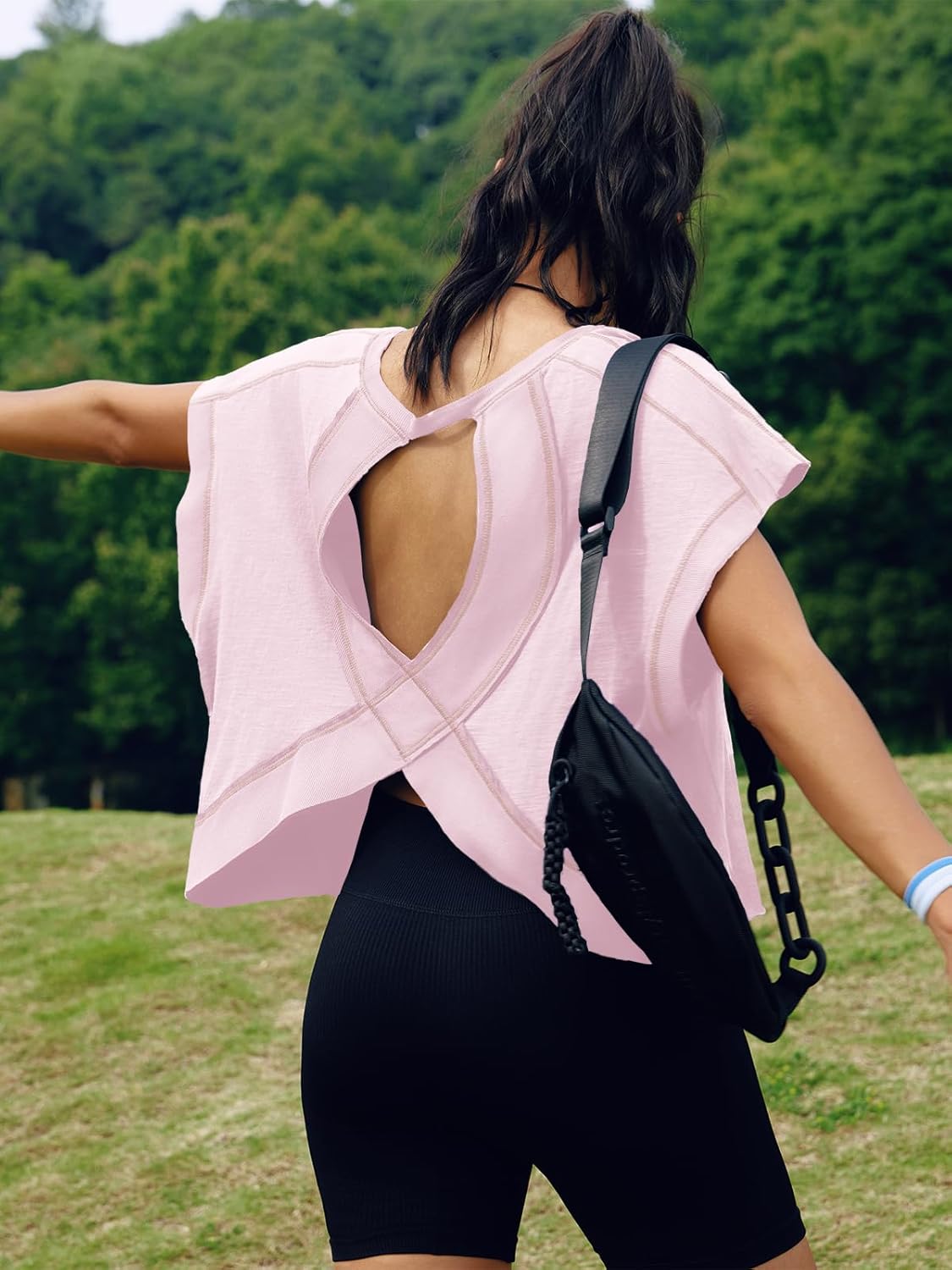 SENSERISE Women's Backless Workout Top - Short Sleeve Athletic Crop Tee for Yoga & Running