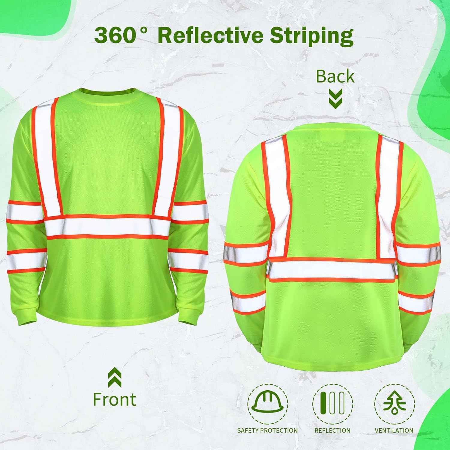 High Visibility Class 3 Safety T-Shirt - 6 Pack Long Sleeve Reflective Work Shirts for Construction & Surveying
